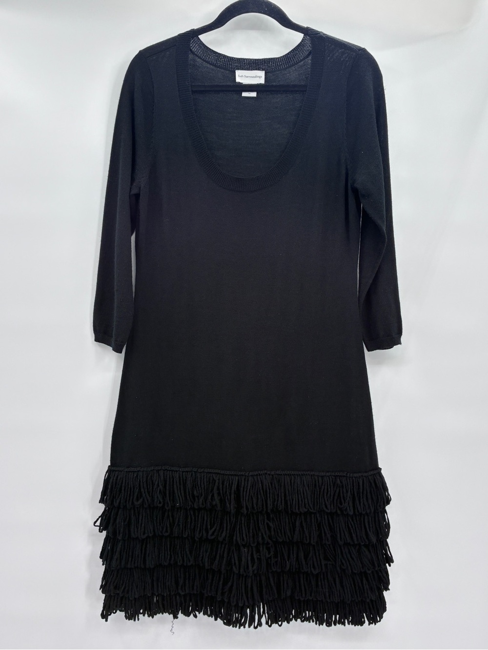 Soft Surroundings Black Wool Blend Knee Length Sheath Sweater Dress Fringe Med